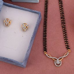 SHILLYN Gold-Plated Zircon Stone Studded & Beaded Mangalsutra with Earrings-image-26