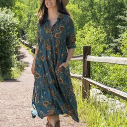 PIMU Women Floral Printed Shirt Collar A-Line Dress-image-52