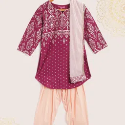 Biba Girls Magenta Ethnic Motifs Printed Regular Pure Cotton Kurta with Salwar & Dupatta-picture-26