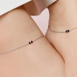 Zavya Subtle Black Beads Rhodium Plated 925 Sterling Silver Adjustable Link Chain Anklet (Pair)-image-25