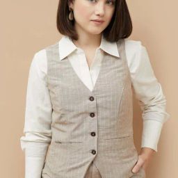 Code By Lifestyle Beige Cotton Regular Fit Striped Waistcoat-image-73
