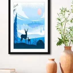 999Store Sky Blue & White MDF Deers Mountain Wall Printed Paper Wall Painting - Set of 1-33
