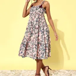 StyleStone Peach Floral Tier Midi Dress With String Tie Ups-picture-24
