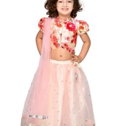 Saka Designs Kids Pink & Ivory Floral Print Lehenga with Choli & Dupatta-image-28