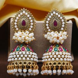 Anouk Gold Plated Artificial Stones Studded And Beaded Dome Shaped Jhumkas-66
