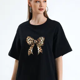 WOBE Women Bow Print Printed Round Neck Pure Cotton T-shirt-image-26