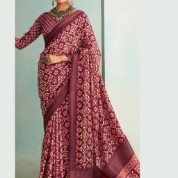 Satrani Wine Silk Blend Printed Saree With Unstitched Blouse-image-12