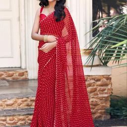 Satrani Red Bandhani Print Saree With Unstitched Blouse-image-20