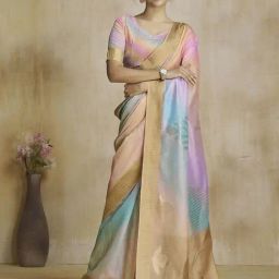 Satrani Brown Silk Blend Printed Saree With Unstitched Blouse-image-27