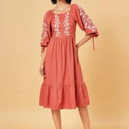 Honey by Pantaloons Rust Embroidered A-Line Dress-image-71