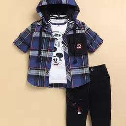 LITTLE COLLARS Boys Checked printed Hooded Shirt Solid Bottom Casual Clothing Set-image-77