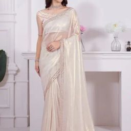 Saree Mall Cream Embellished Saree With Unstitched Blouse-image-50