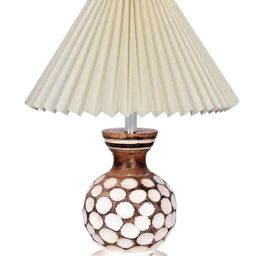 Homesake Small Bedside Lamp with Linen Beige Lampshade Brown Wooden Base E27 Carved Ball Off-White-19