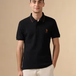U.S. Polo Assn. Black Cotton Regular Fit Self Pattern Polo T-Shirt-picture-17
