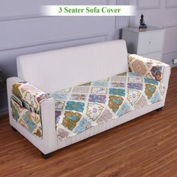 HOKIPO Off White Printed Polyester 3 Seater Sofa Seat Mat & 2 Armrest Covers with Pockets-image-74