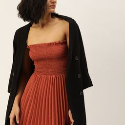 U&F Women Brown Self Design Fit and Flare Dress-image-15