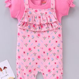 Babyhug Short Sleeves T-Shirt With Dungaree Floral Print - Pink-image-20