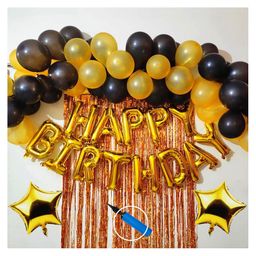 Bubble Trouble Happy Birthday Decoration Kit Combo with 1 Pc Gold Happy Birthday Foil Balloon 50 pcs Black Gold Balloon 1 Pc Arch Roll for Kids Birthday Decoration Item - Pack of 57-image-95