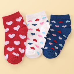 Honeyhap Premium Cotton Bamboo Non Terry Ankle Length Heart Design Socks Pack of 3 - White High Risk Red & Limoges-picture-19