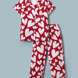 Honeyhap Premium 100% Cotton Single Jersey With Bio Finish Half Sleeves Night Suit With Heart Print - White & Red-image-41