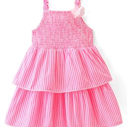 Babyhug Seer Sucker Woven Sleeveless Striped Frock with Floral Corsage - pink-image-27