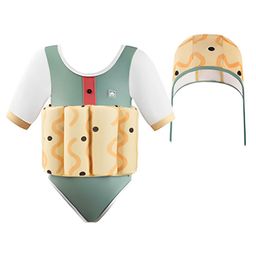 Little Surprise Box Full Sleeves Curves Printed Swimsuit With Cap - Olive & Yellow-image-51