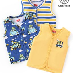 Babyhug 100% Cotton Knit Sleeveless Antibacterial Set of Vests Striped Car & Crocodile Print Pack of 3 - Multicolour-image-60