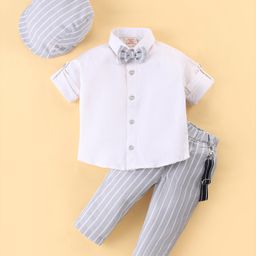 Rikidoos Full Sleeves Solid & Striped Shirt & Pant With Bow Cap Suspender - White & Grey-picture-22