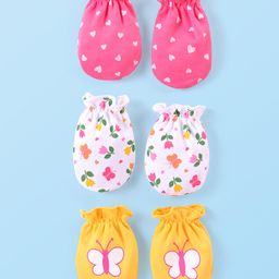 Babyhug 100% Cotton Interlock Knit Mitten Set with Hearts & Floral Print  Pack of 3 - Multicolour-image-66