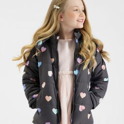Primo Gino Woven Full Sleeve Heart Printed Puffer Jacket with Removable Hood - Black-image-1
