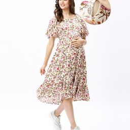 Bella Mama Women Flutter Sleeve Floral Printed Maternity Dress with Pocket - Off White-image-4