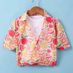 Dew Drops Chiffon Woven Half sleeves Fruits Printed Shirt Style Top - Pink & White-image-59