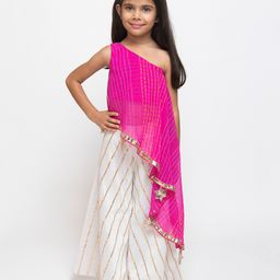 Fairies Forever Sleeveless One Shoulder Leheriya Printed & Lace Embellished Top With Sharara - Pink-image-65