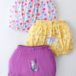 Revvo Junior Single Jersey Knit Bloomers with Hearts & Space Theme Print Pack of 3 - Mauve Purple & Yellow-image-92
