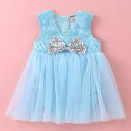 Mark & Mia Sleeveless Solid Colour Party Frock Style Onesie with Pleat& Sequined Bow Detailing - Light Blue-image-27