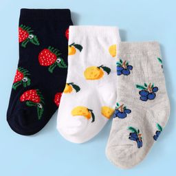 Cute Walk by Babyhug Knit Ankle Length Socks With Fruit Design Pack of 3 - Black White & Grey-image-82