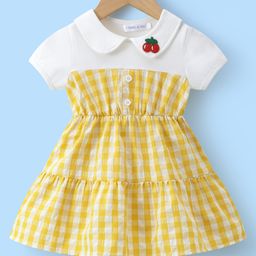 Mark & Mia Cotton Half Sleeves Peter Pan Collared Checkered Frock with Tomato Embroidery - Yellow & White-picture-16