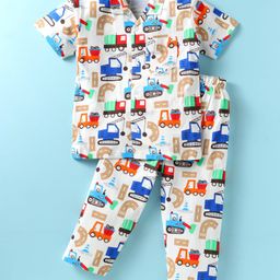 Mini Taurus Cotton Woven Half Sleeves Shorts Night Suit With Baby Boss Embroidery - Beige-image-83