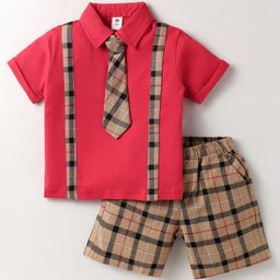 ToffyHouse Cotton Knit Half Sleeves Polo T-Shirt & Shorts Set with Tie & Checks - Red-image-106