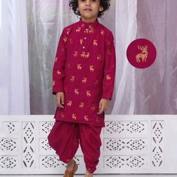 Little Bansi Cotton Full Sleeves Deer Printed Kurta Dhoti Set - Rose Red-image-96