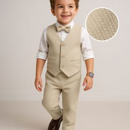 Babyhug Knit Full Sleeves Solid 3 Piece Party Suit With Bow - Beige-image-43