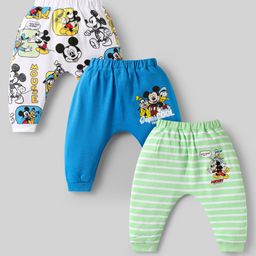Babyhug Disney Interlock Knit Full Length Diaper Leggings with Mickey Mouse & Family Graphics Pack of 3 - White Blue & Light Green-image-35