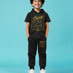 Trampoline Cotton Blend Half Sleeves Chicago 23 Text Printed Hooded Tee & Track Pants Set - Black-image-29
