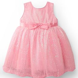 Babyhug Woven Sleeveless Mesh Party Dress with Bow Applique & Sequin Detailing - Pink-image-87