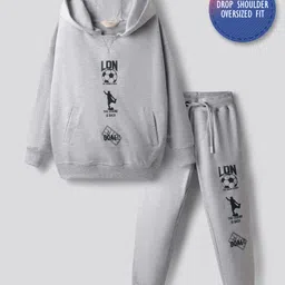 Primo Gino Cotton French Terry Knit Drop Shoulder Full Sleeves Oversized Hooded Sweatshirt & Joggers with Football Print - Grey-picture-15