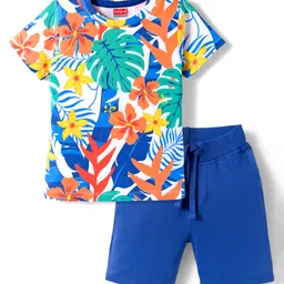 Babyhug Single Jersey Knit Half Sleeves T-Shirt & Shorts Set with Floral Print - Blue-picture-43