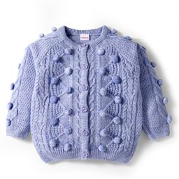 Babyhug Knit Full Raglan Sleeves Front Open Sweater with Cable Knit Design & Pom Pom Applique - Lavender-picture-6