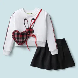 Tiara Fleece Knit Full Sleeves Bunny Face Printed & Bow Applque Detailed Sweatshirt With Pleated Skirt & Bag Set - Red-picture-14