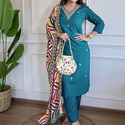 KALINI Ethnic Motifs Embroidered V-Neck Straight Thread Work Kurta With Trouser & Dupatta-picture-9