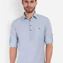 LIFE ROADS Shirt Collar Roll-Up Sleeves Pure Cotton Straight Short Kurta-image-77
